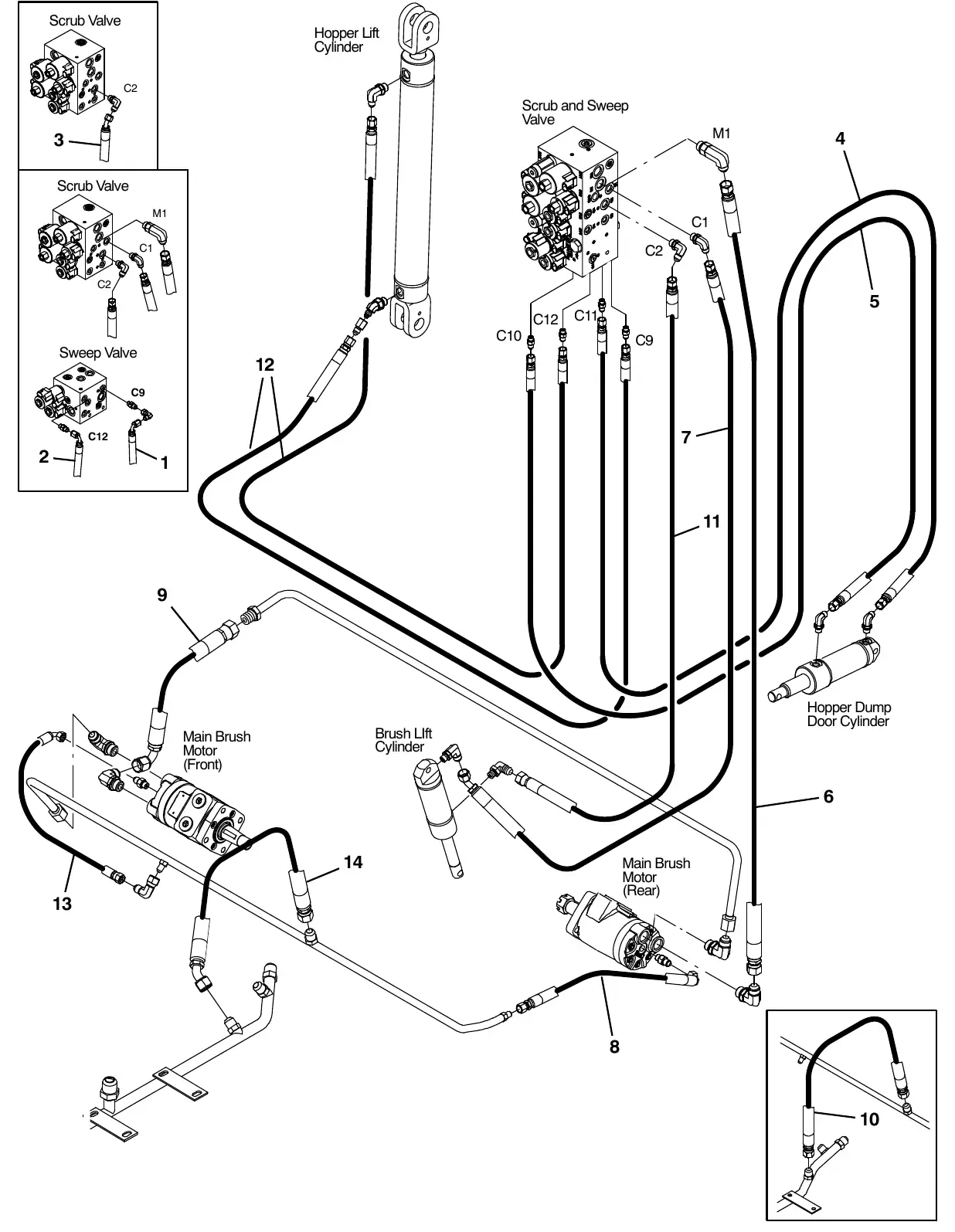 Tennant M20 hydraulic hose group, brush and hopper exploded view