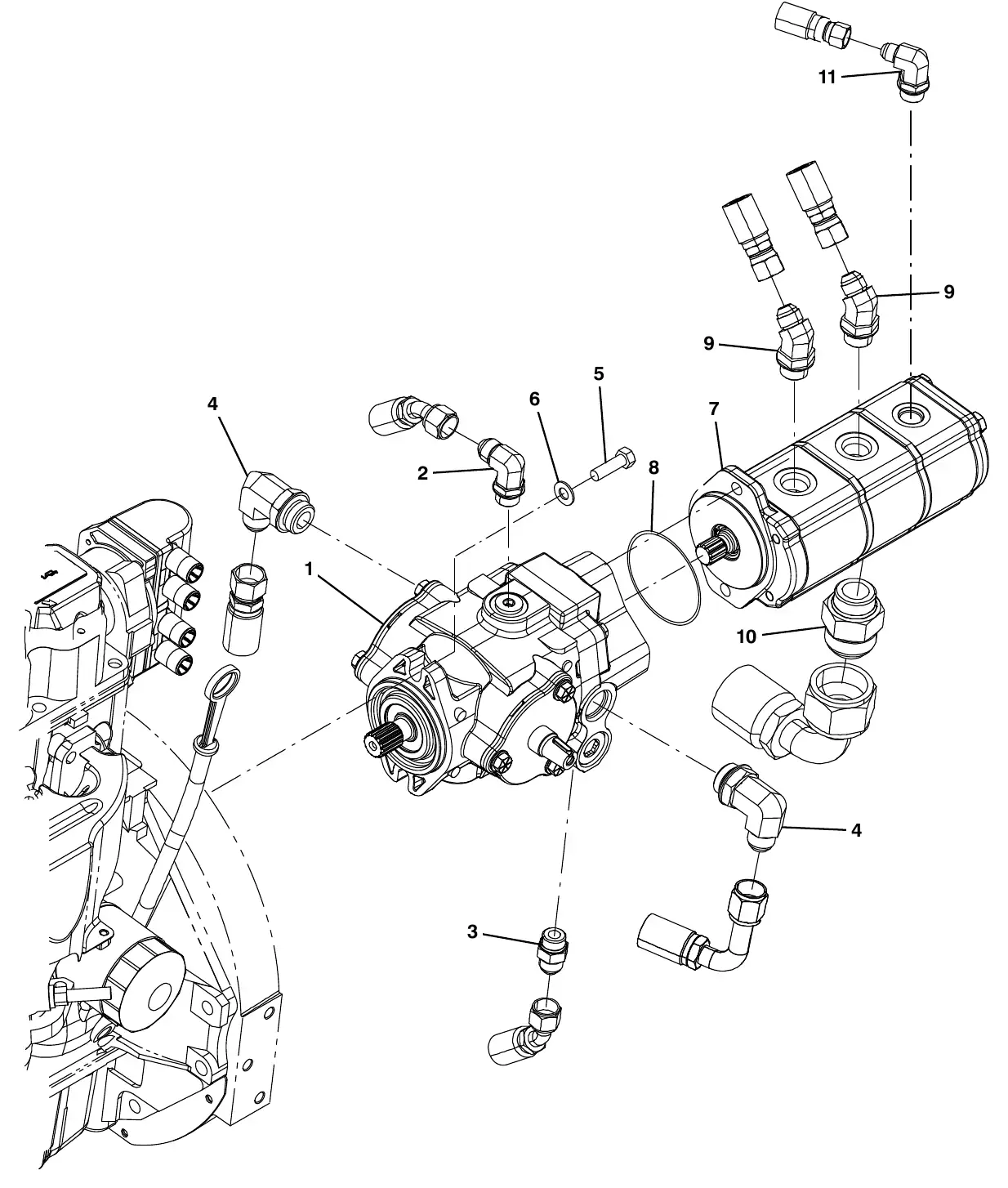 Tennant M20 hydraulic pumps group exploded view