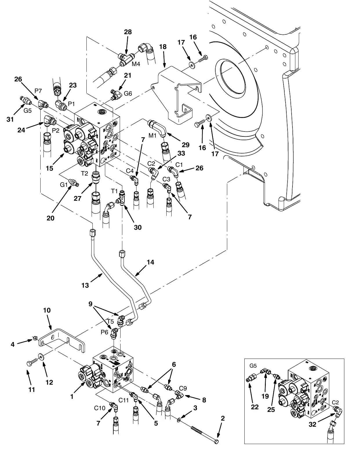 Tennant M20 hydraulic valves group (000000 - 002699) exploded view