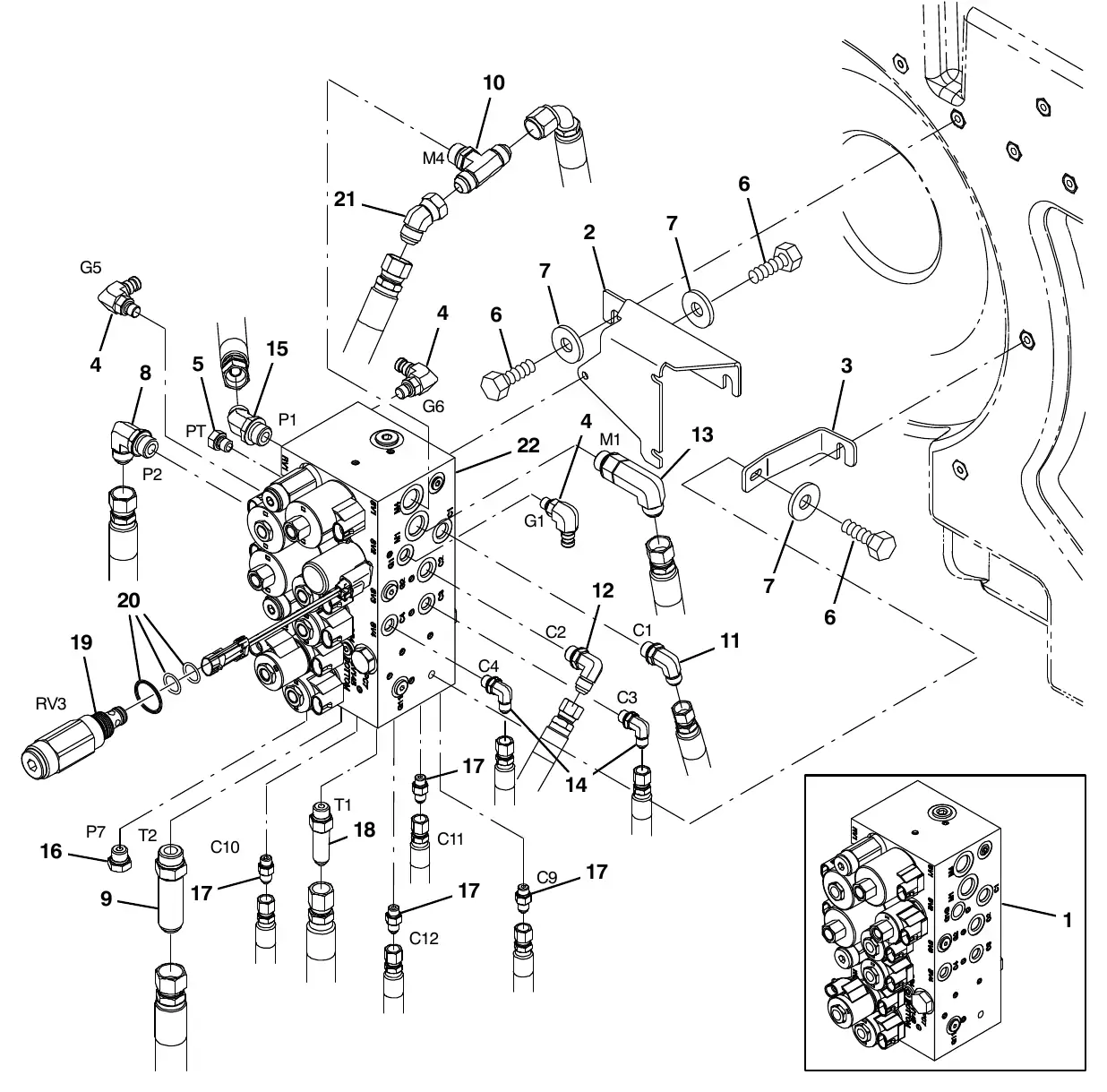 Tennant M20 hydraulic valve group (002700 - ) exploded view