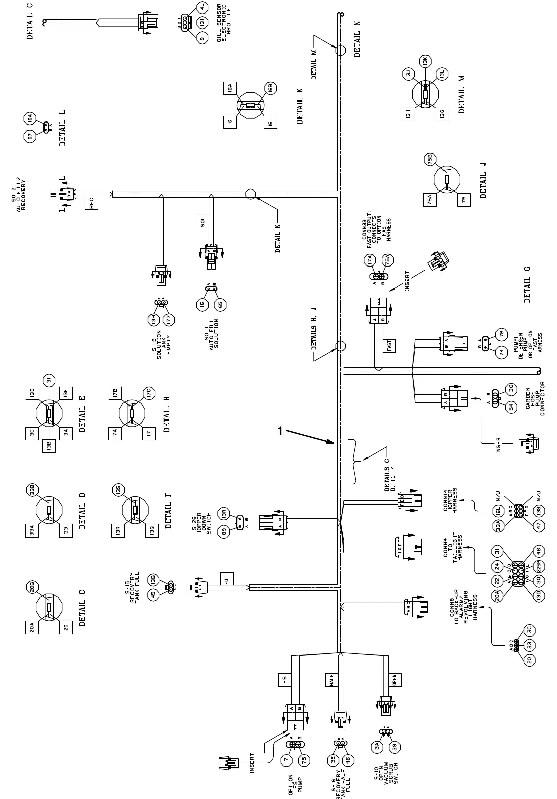 Tennant M20 electrical wire harness group, main exploded view (page 1)
