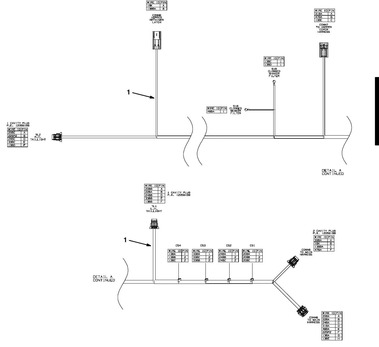 Tennant M20 electrical wire harness group, hopper exploded view (page 1)