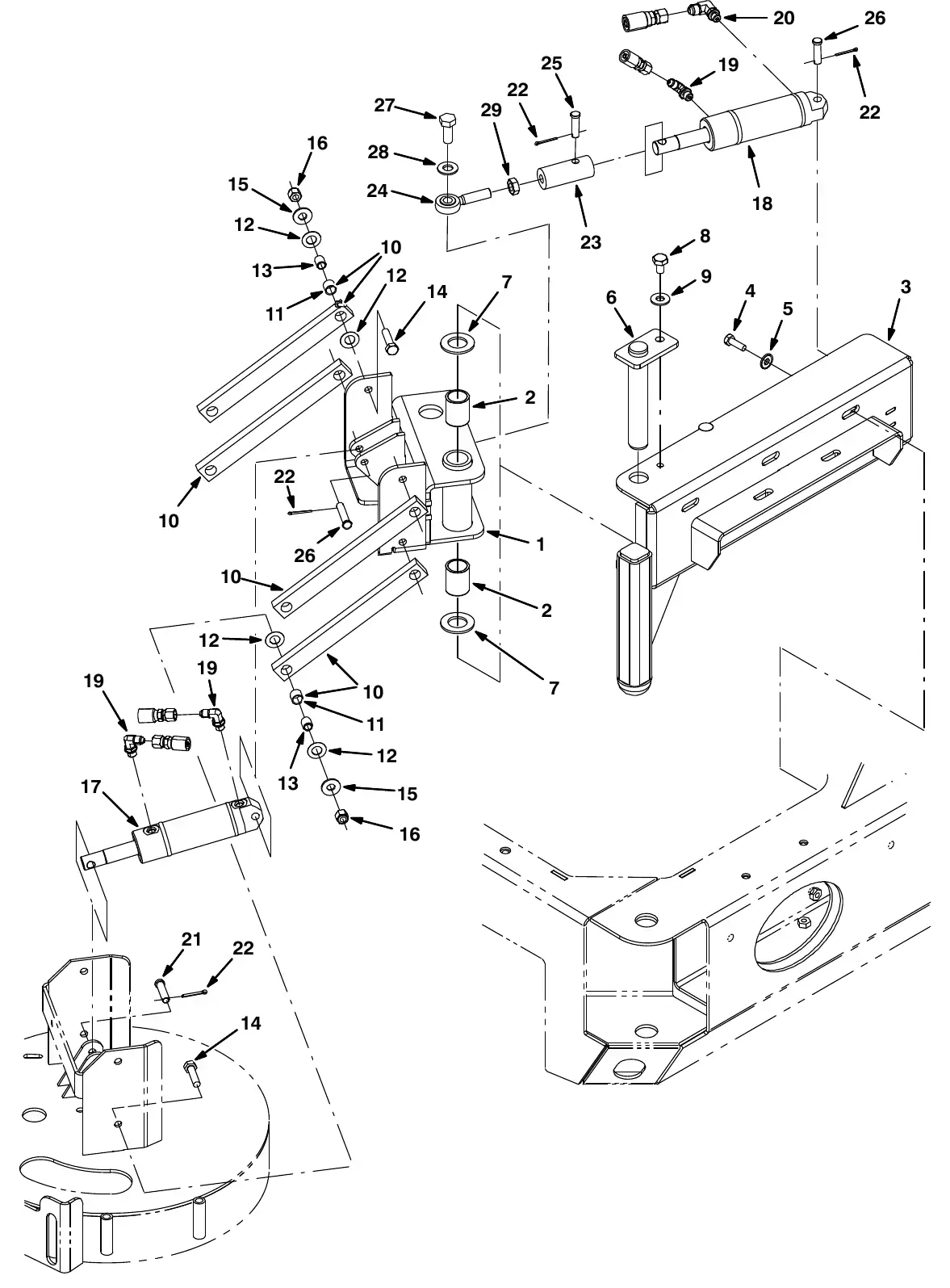 Tennant M20 side brush lift group exploded view
