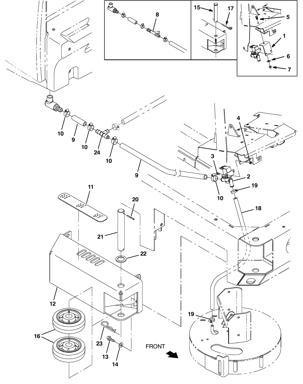 Tennant M20 side brush solution control group exploded view