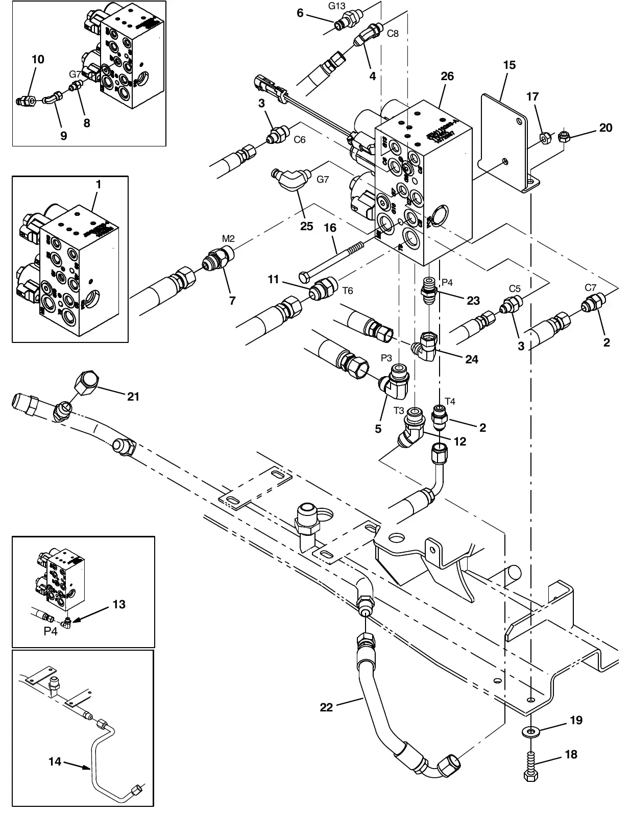 Tennant M20 side brush hydraulic valve group exploded view