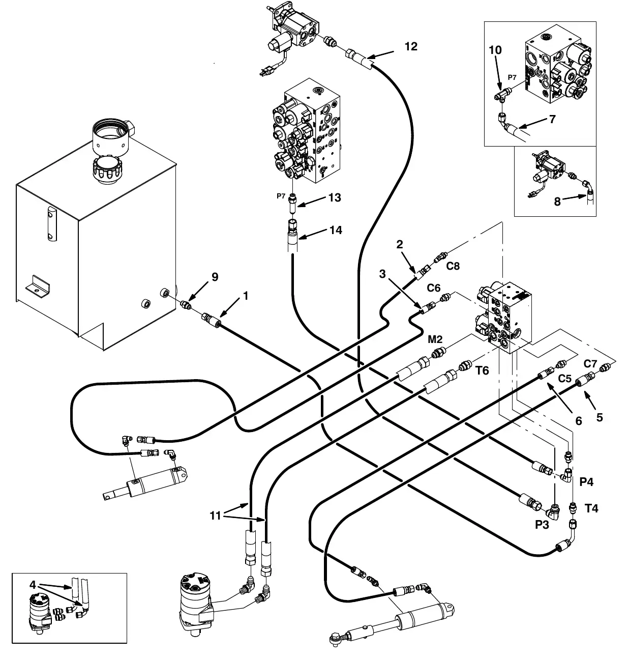 Tennant M20 side brush hydraulic hose group exploded view