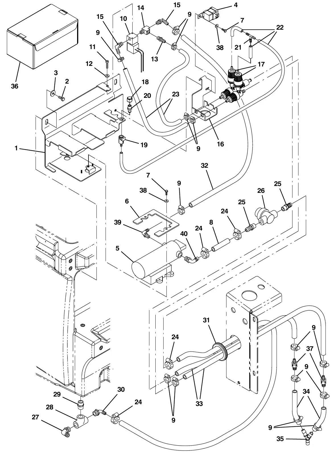 Tennant M20 fast pumps and detergent group (002533 - ) exploded view