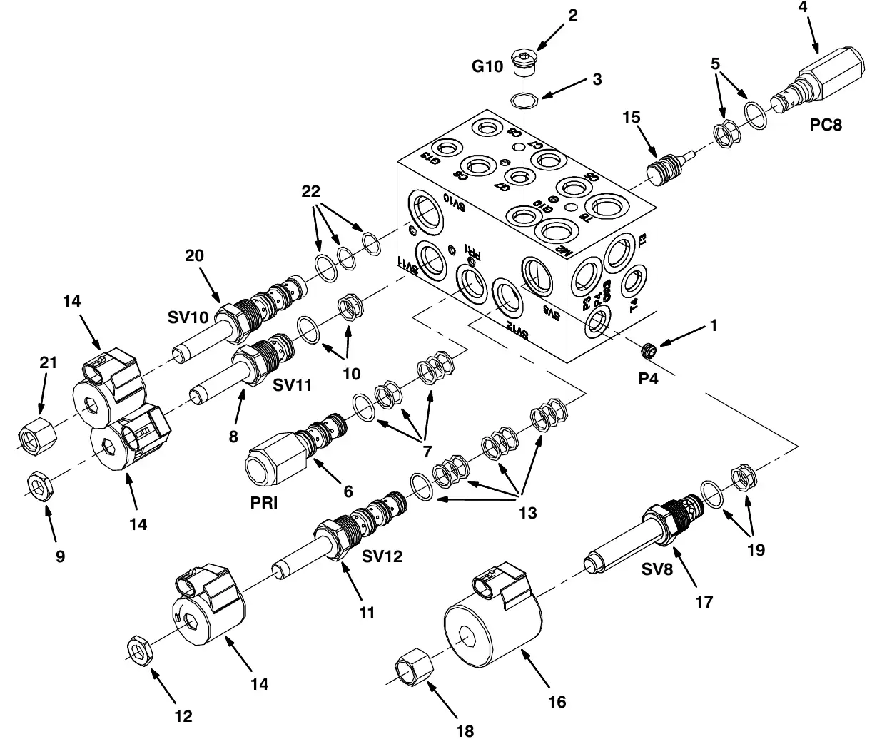 Tennant M20 hydraulic valve breakdown, 1018938 exploded view