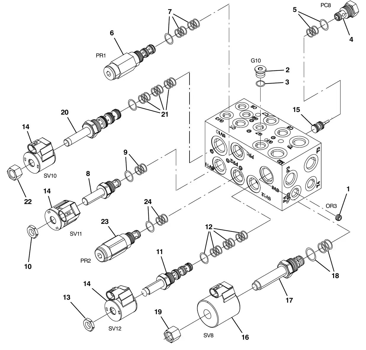 Tennant M20 hydraulic valve breakdown, 1037805 exploded view