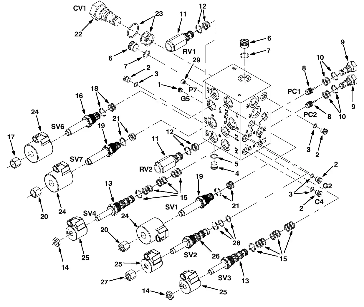 Tennant M20 hydraulic valve breakdown, 1020394 exploded view