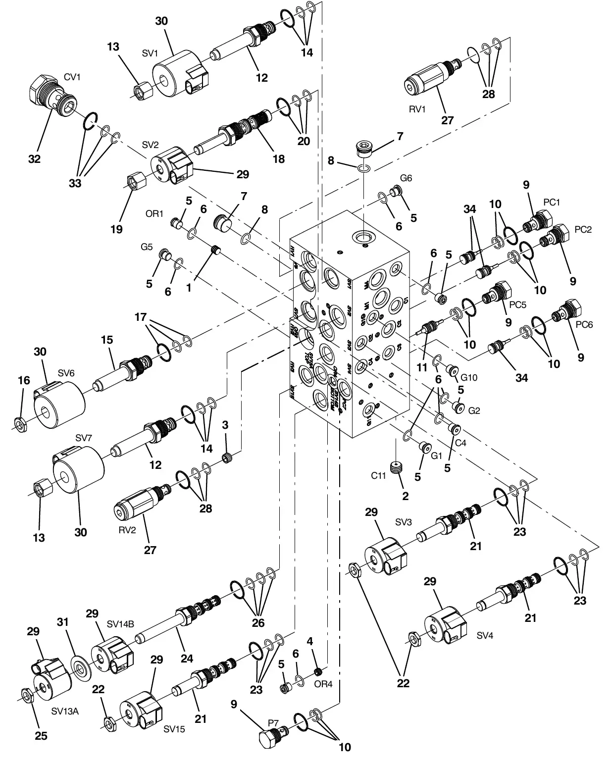 Tennant M20 hydraulic valve breakdown, 1038566 exploded view
