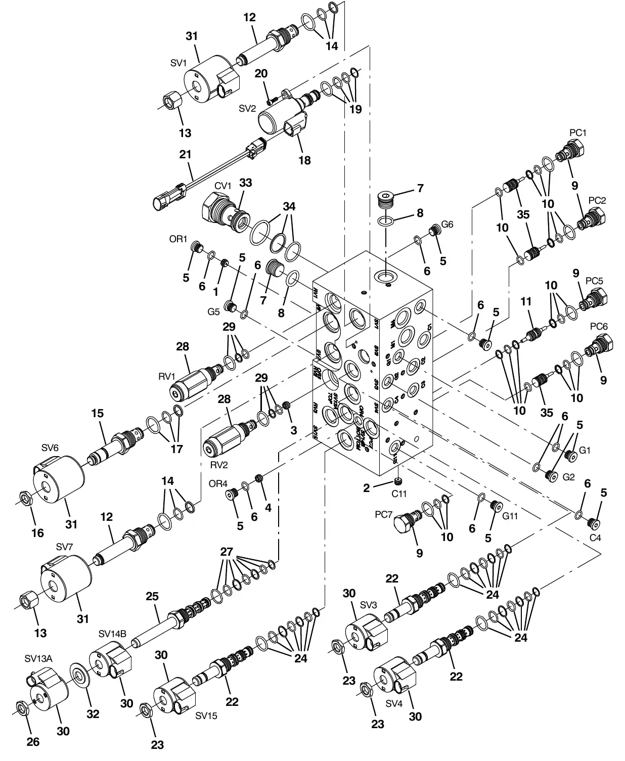 Tennant M20 hydraulic valve breakdown, 1072995 exploded view