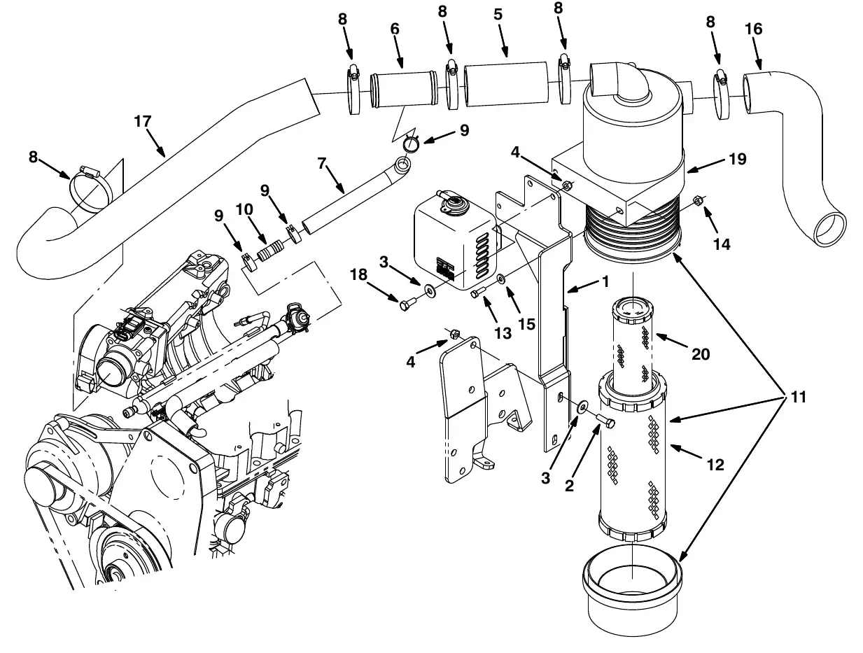 Tennant M20 gm engine air cleaner group, gasoline (000000 - 001999) exploded view
