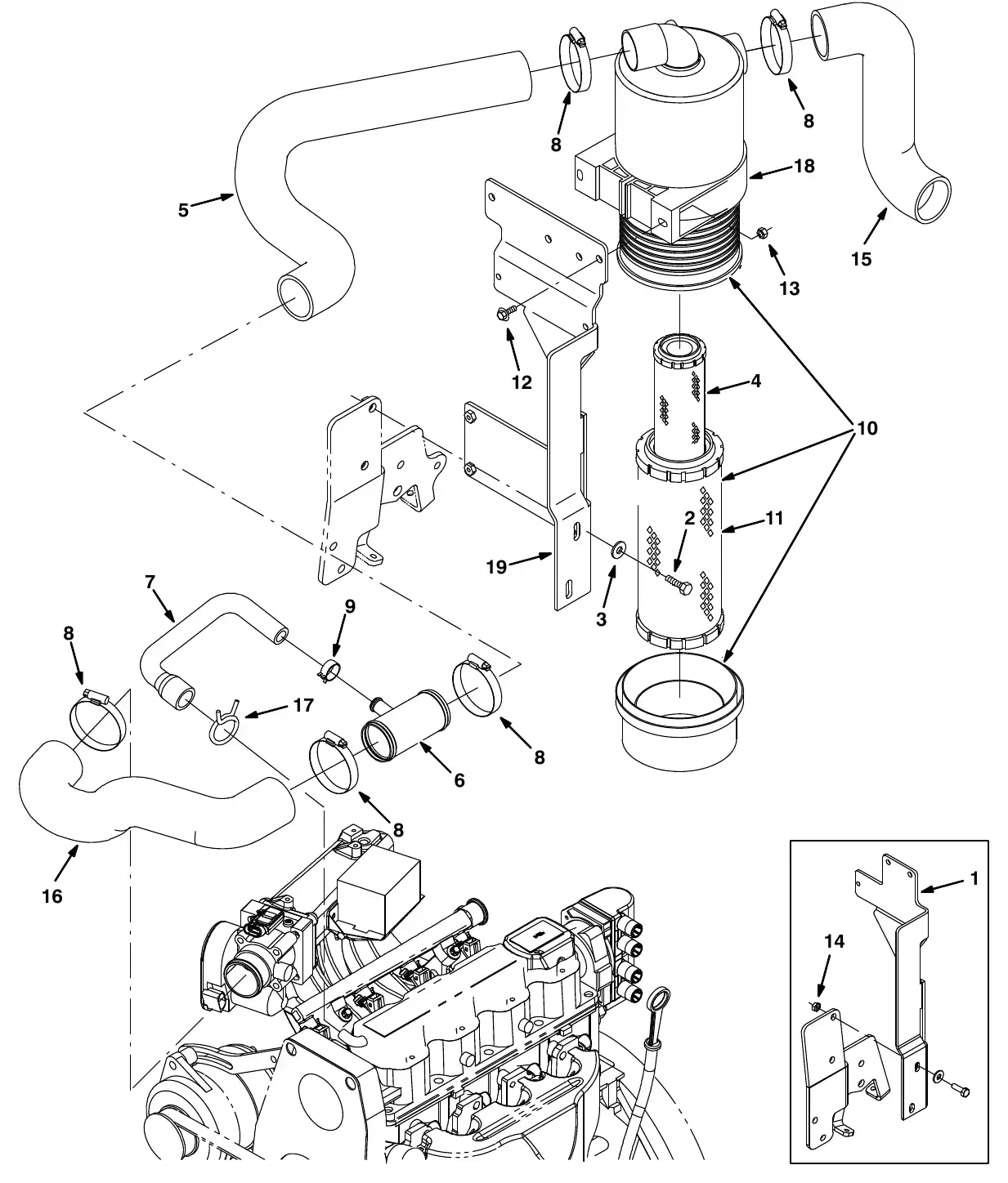 Tennant M20 gm engine air cleaner group, gasoline (002000 - 005999) exploded view