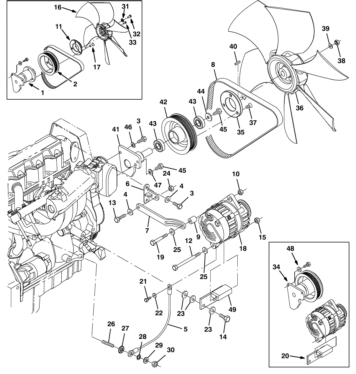 Tennant M20 gm engine alternator and fan group (000000 - 005999) exploded view