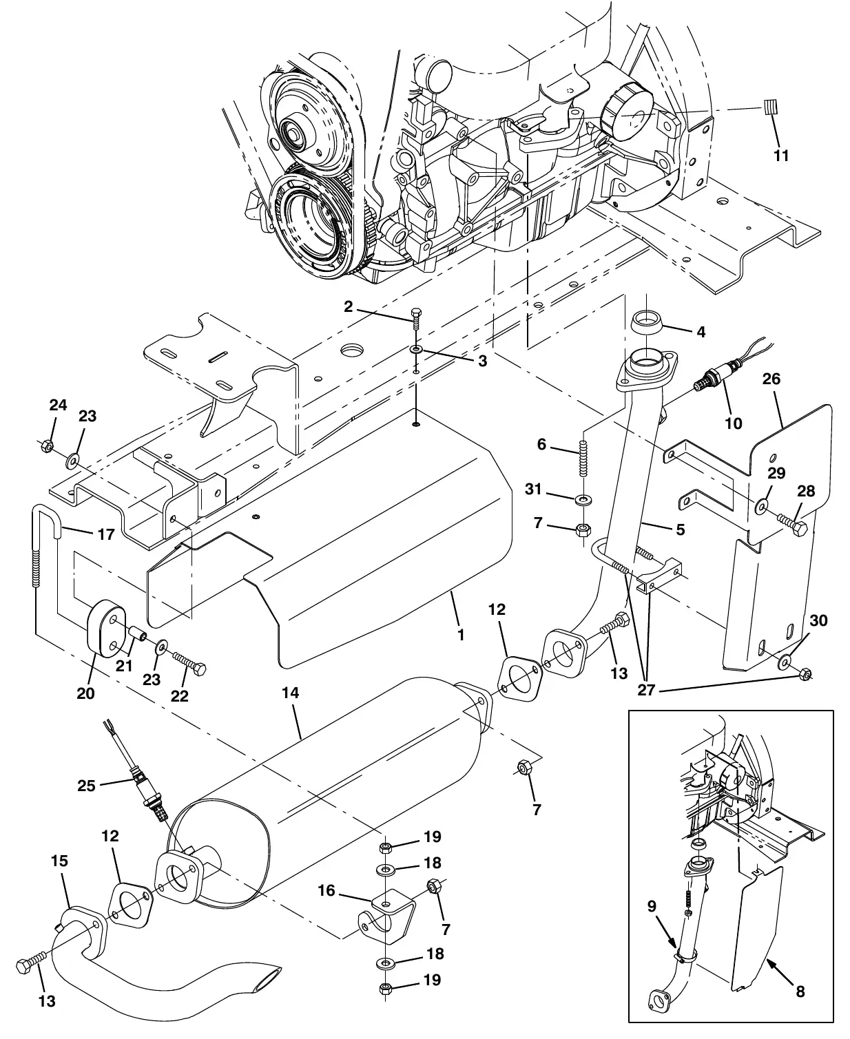 Tennant M20 gm engine muffler group (002000 - 005999) exploded view