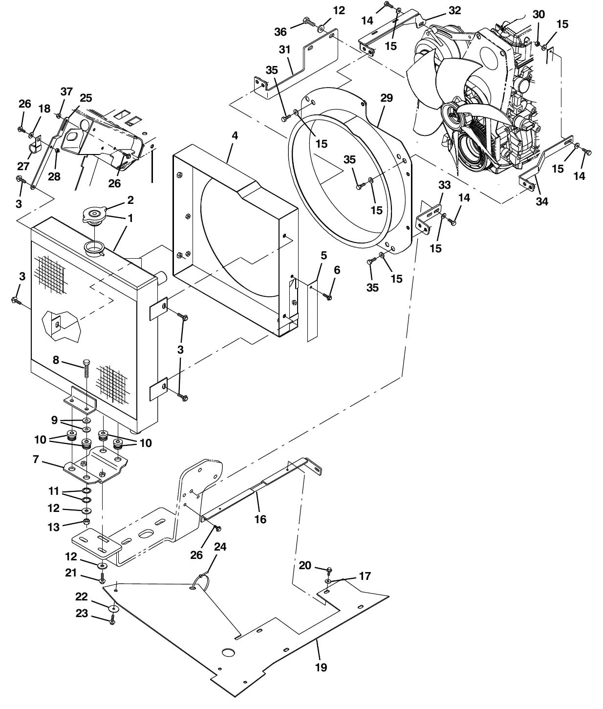Tennant M20 gm engine radiator and mount group (003039 - 005999) exploded view