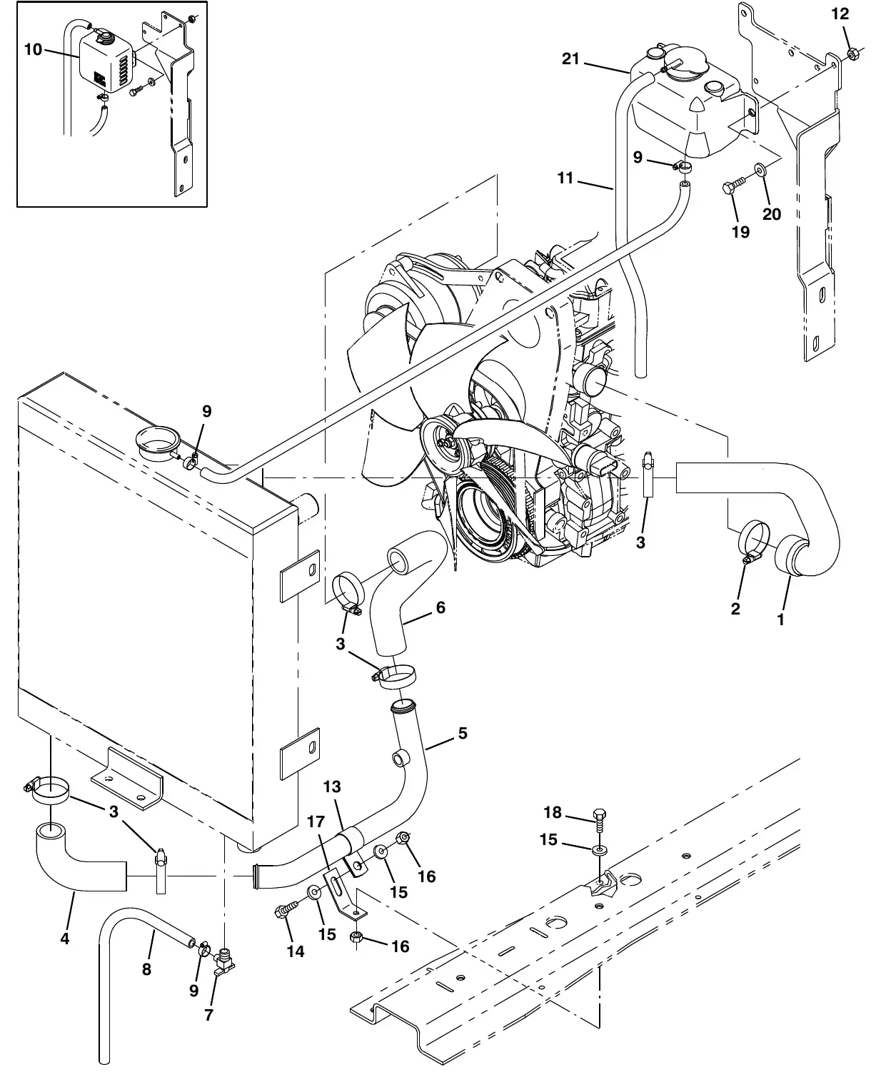 Tennant M20 gm engine radiator hose group (003039 - 005999) exploded view