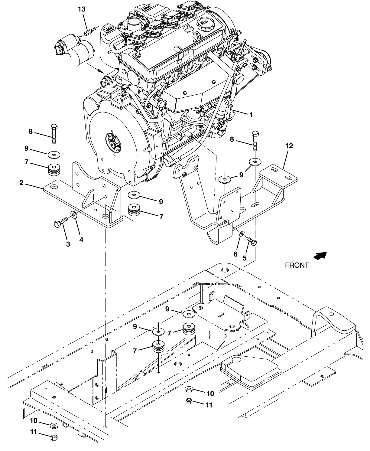 Tennant M20 mitsubishi engine and mount group, gas (006000 - ) exploded view