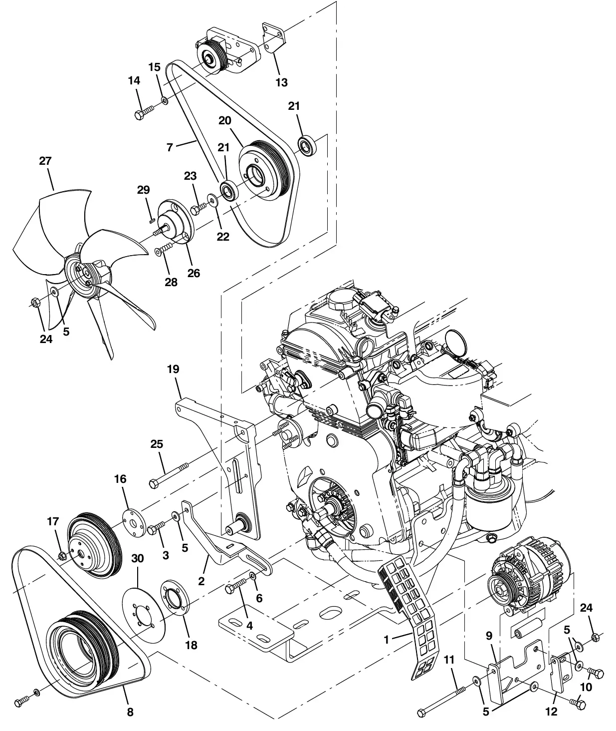 Tennant M20 mitsubishi engine alternator and fan group (006000 - ) exploded view