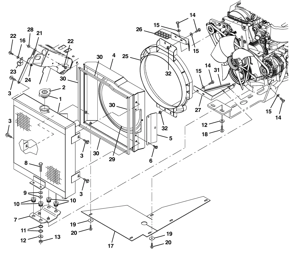 Tennant M20 mitsubishi engine radiator and mount group (006000 - ) exploded view