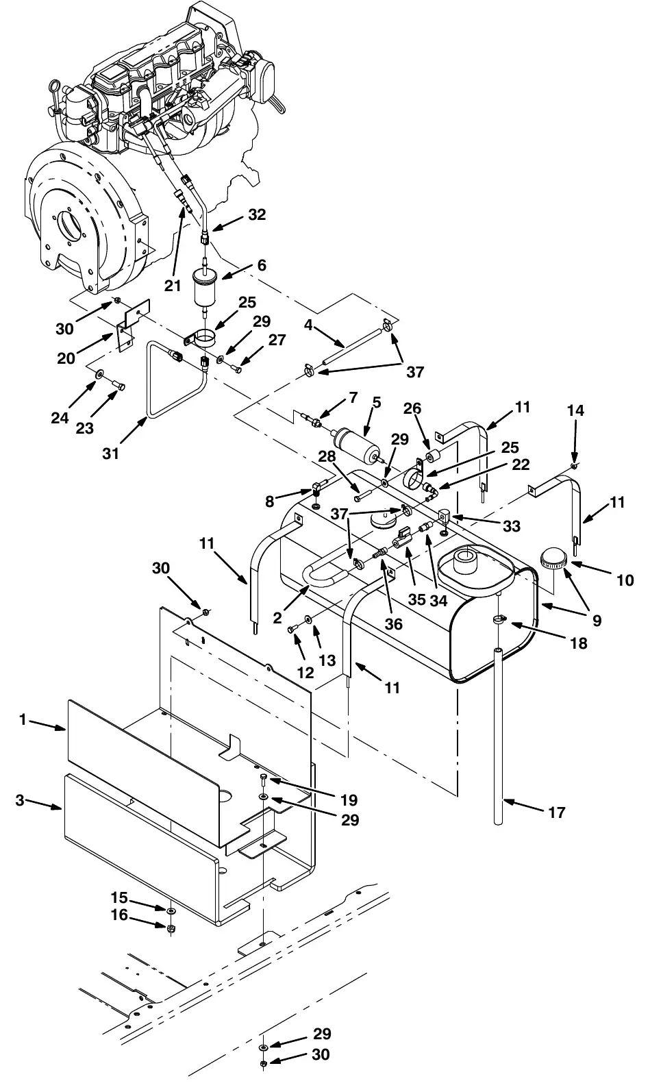 Tennant M20 engine fuel tank group, gasoline (000000 - 001999) exploded view