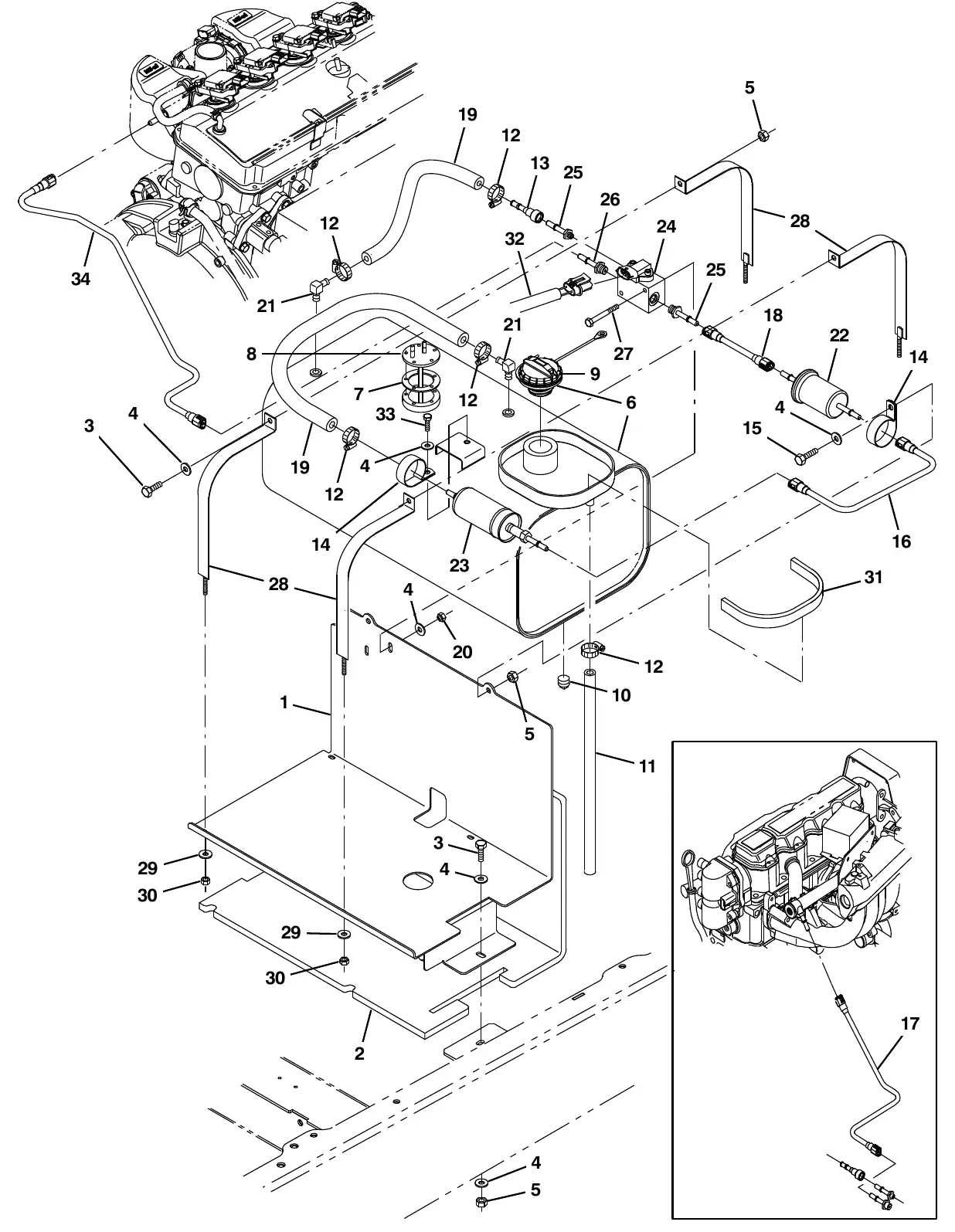 Tennant M20 engine fuel tank group, gasoline (002000 - ) exploded view