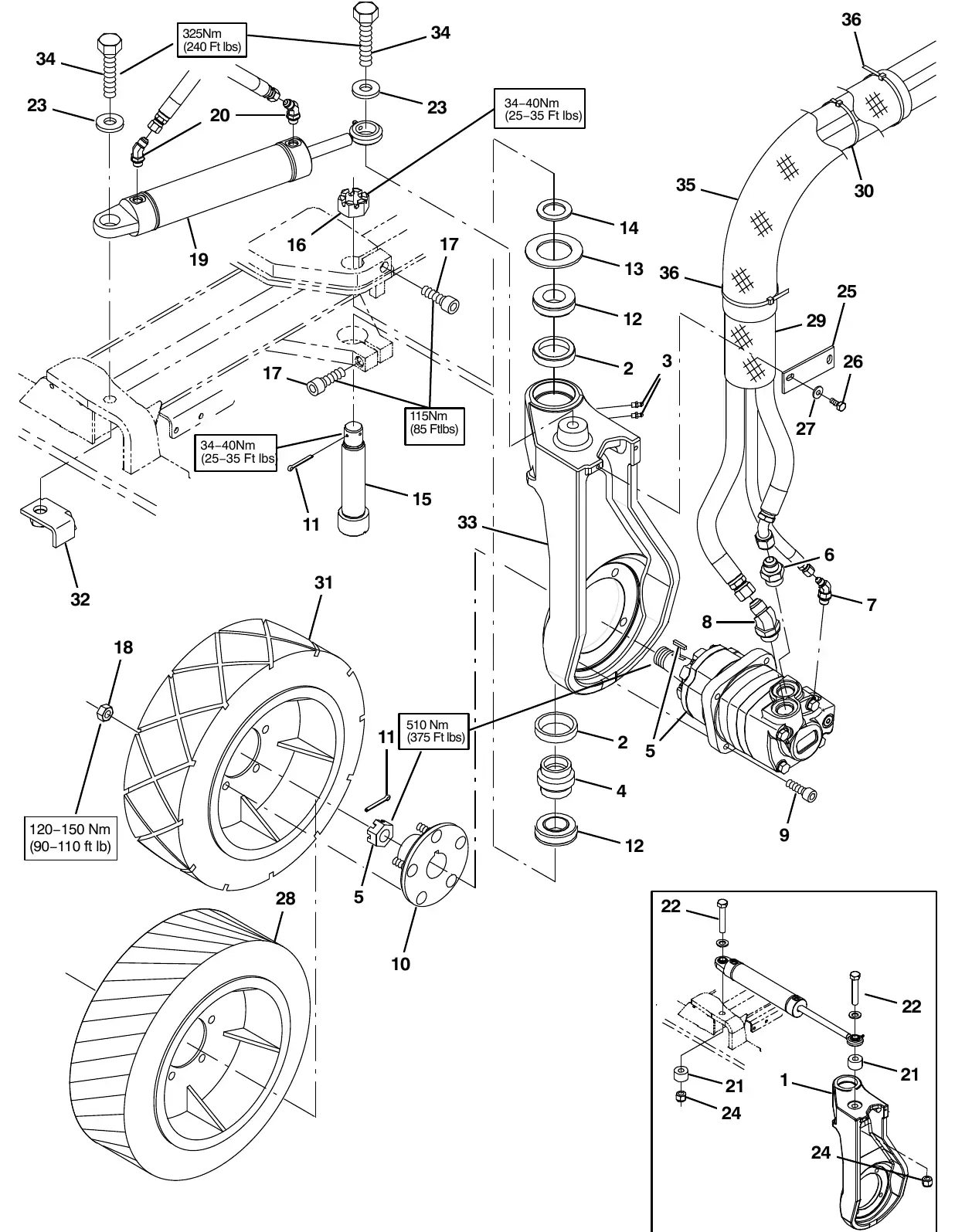 Tennant M20 wheel group, front drive exploded view
