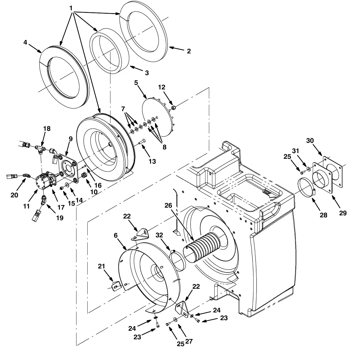Tennant M20 vacuum fan group, scrubbing (000000 - 006877) exploded view