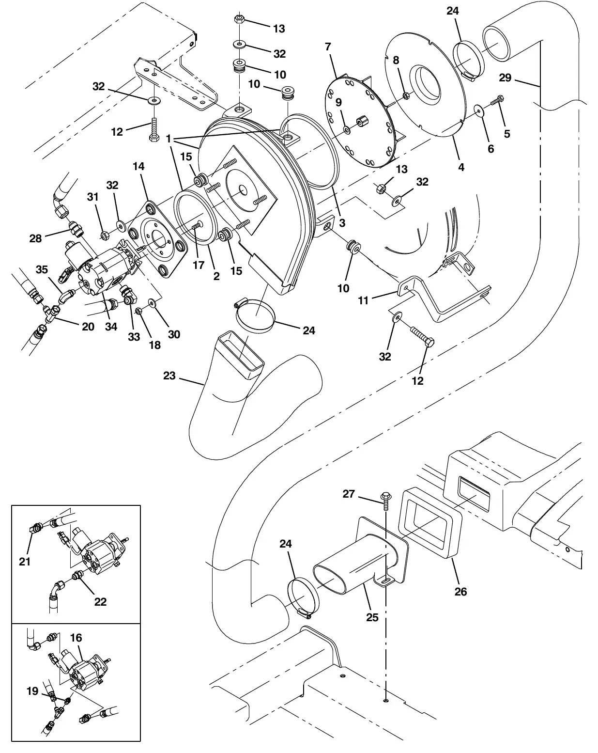 Tennant M20 vacuum fan group, sweeping exploded view
