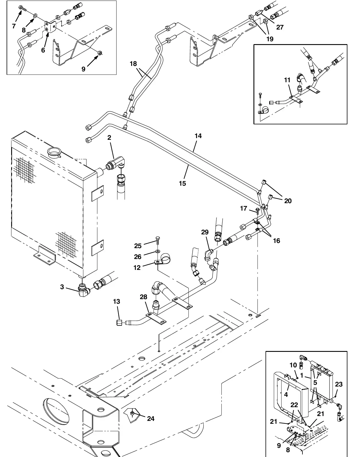 Tennant M20 hydraulic cooler and tubes group exploded view