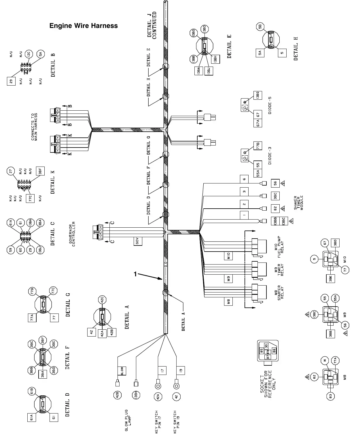 Tennant M20 electrical wire harness group, diesel engine exploded view (page 1)
