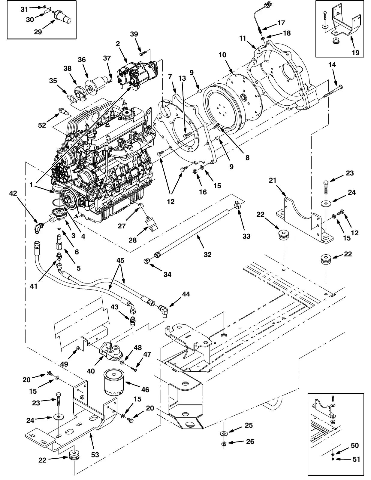 Tennant M20 engine and mount group, diesel exploded view