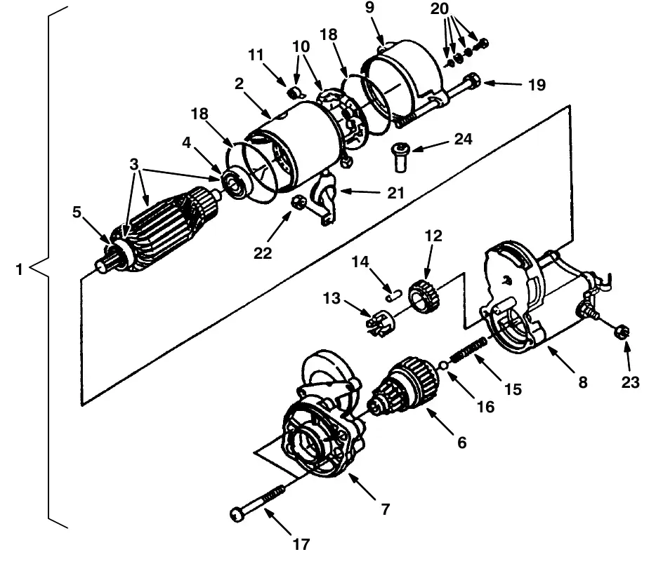 Tennant M20 starter breakdown, 74405 exploded view