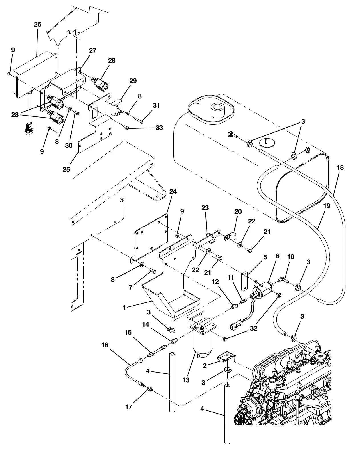 Tennant M20 engine fuel line group, diesel exploded view