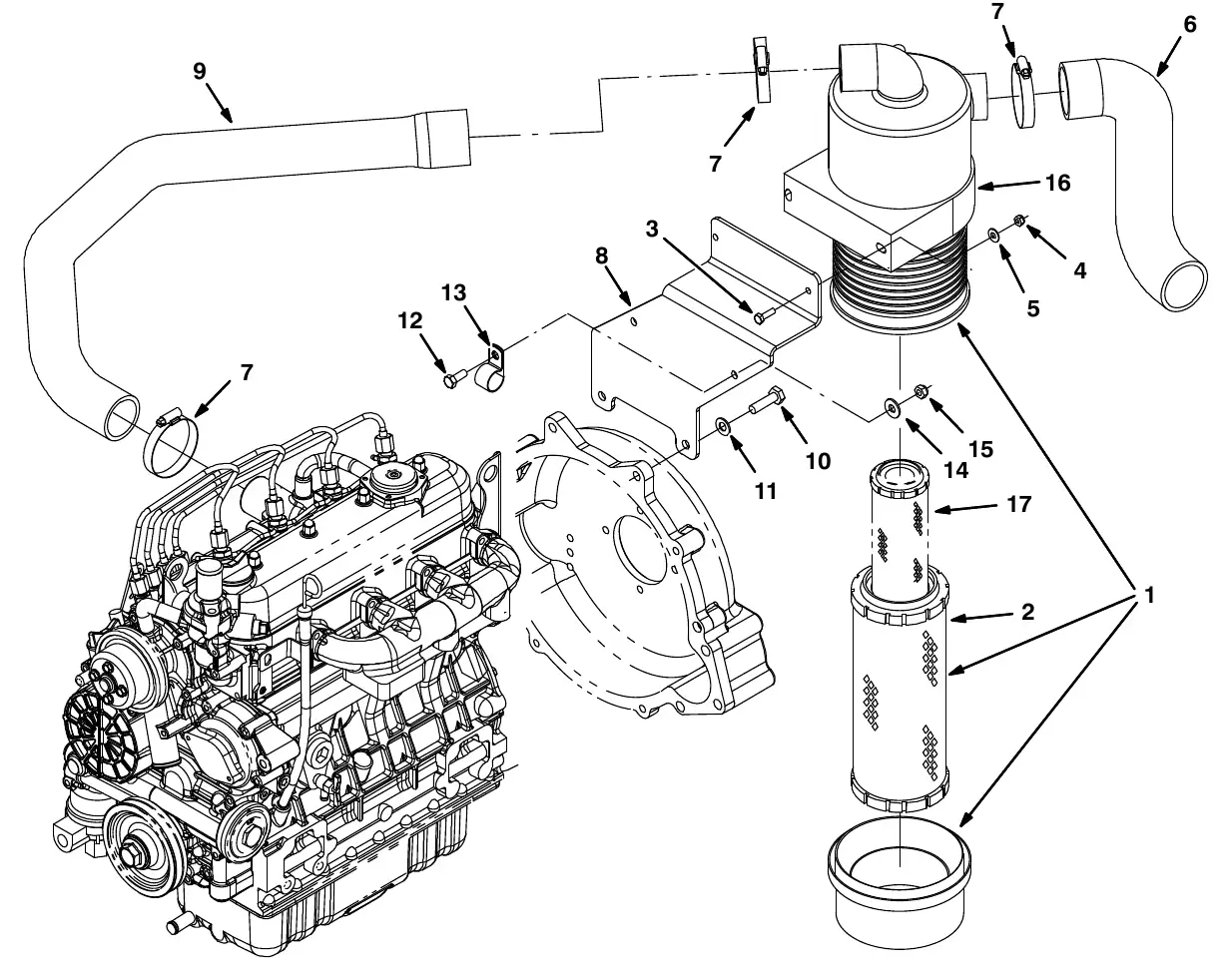 Tennant M20 engine air cleaner group, diesel exploded view