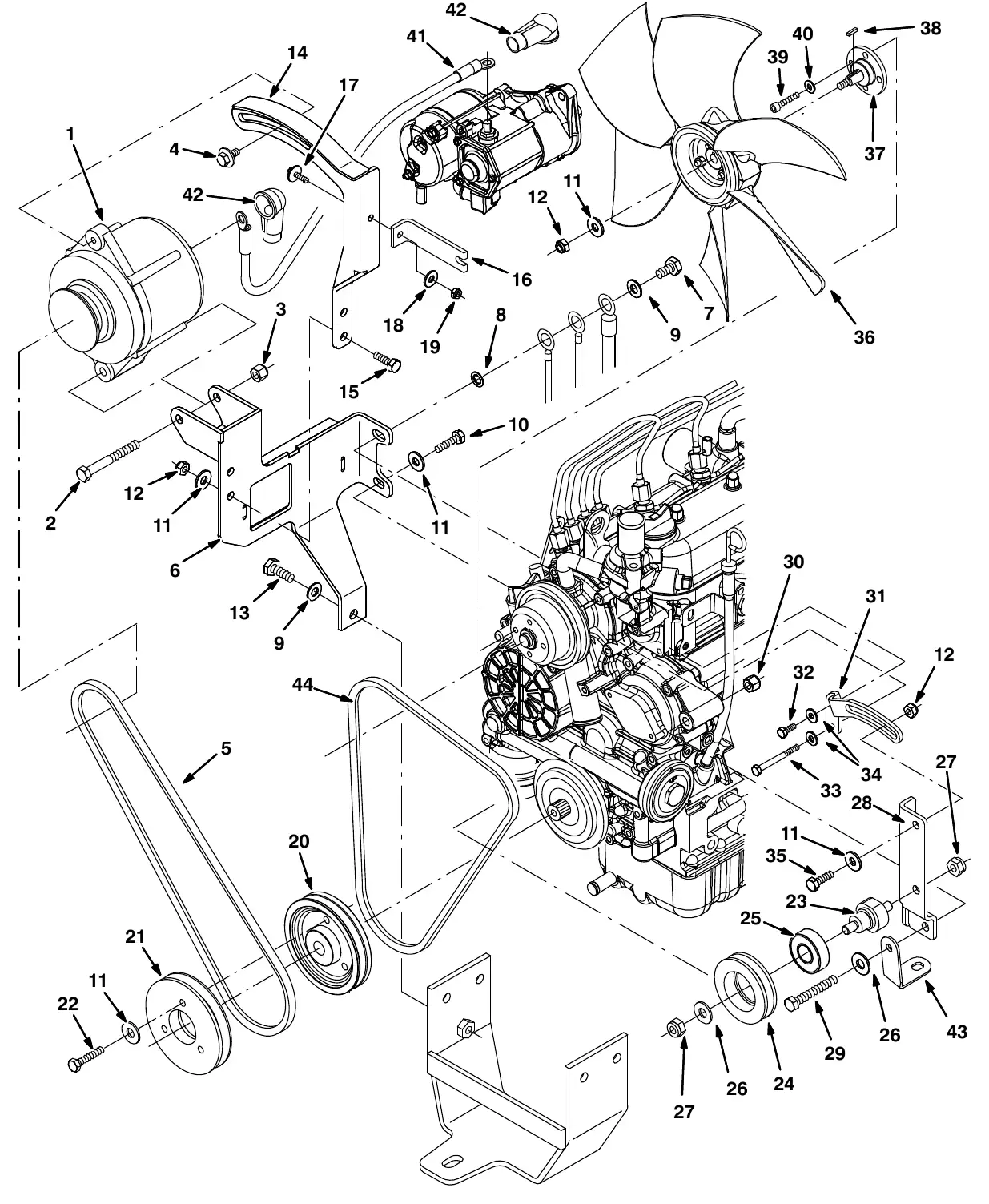 Tennant M20 engine alternator group, diesel (000000 - 002547) exploded view