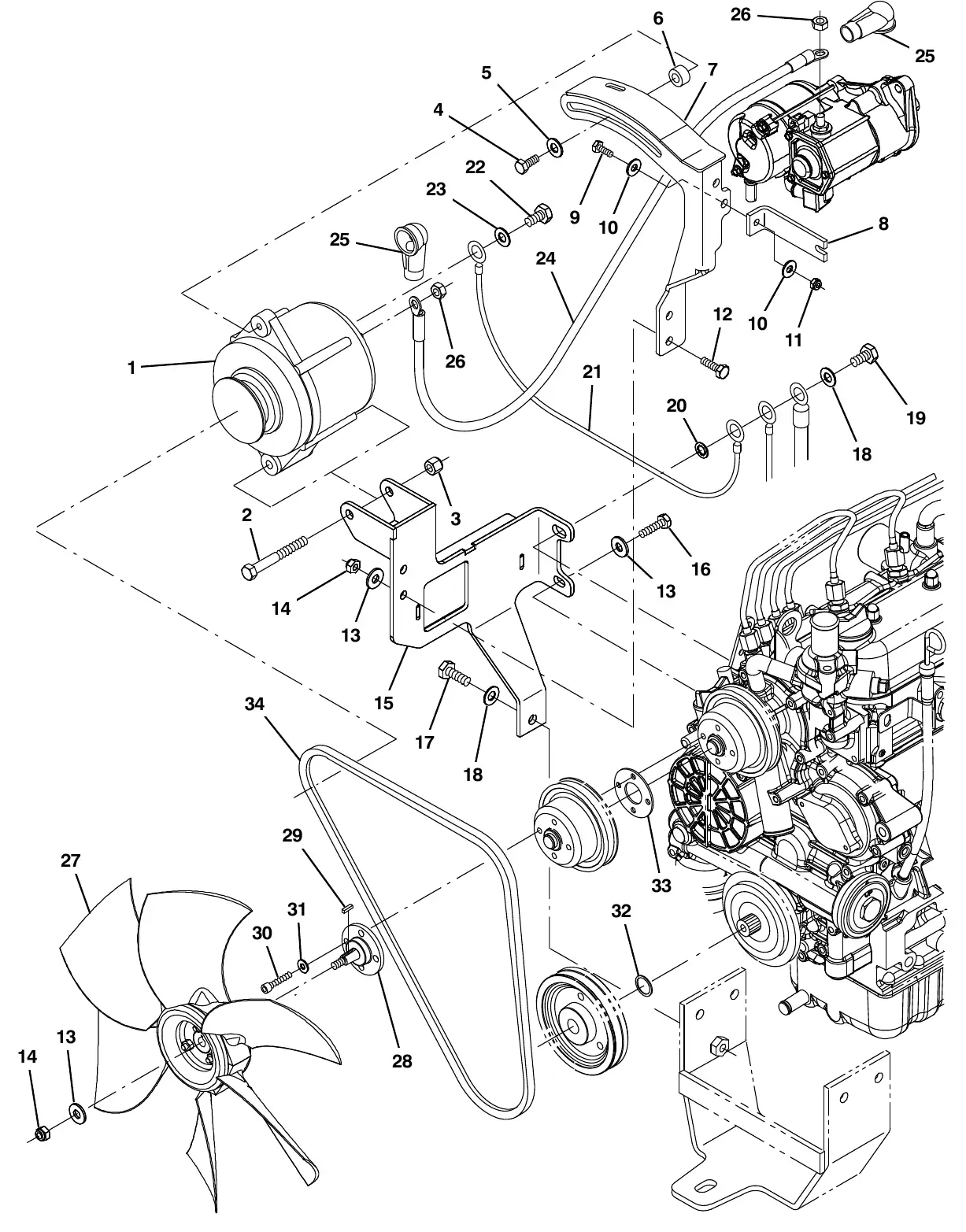 Tennant M20 engine alternator group, diesel (002548 - ) exploded view