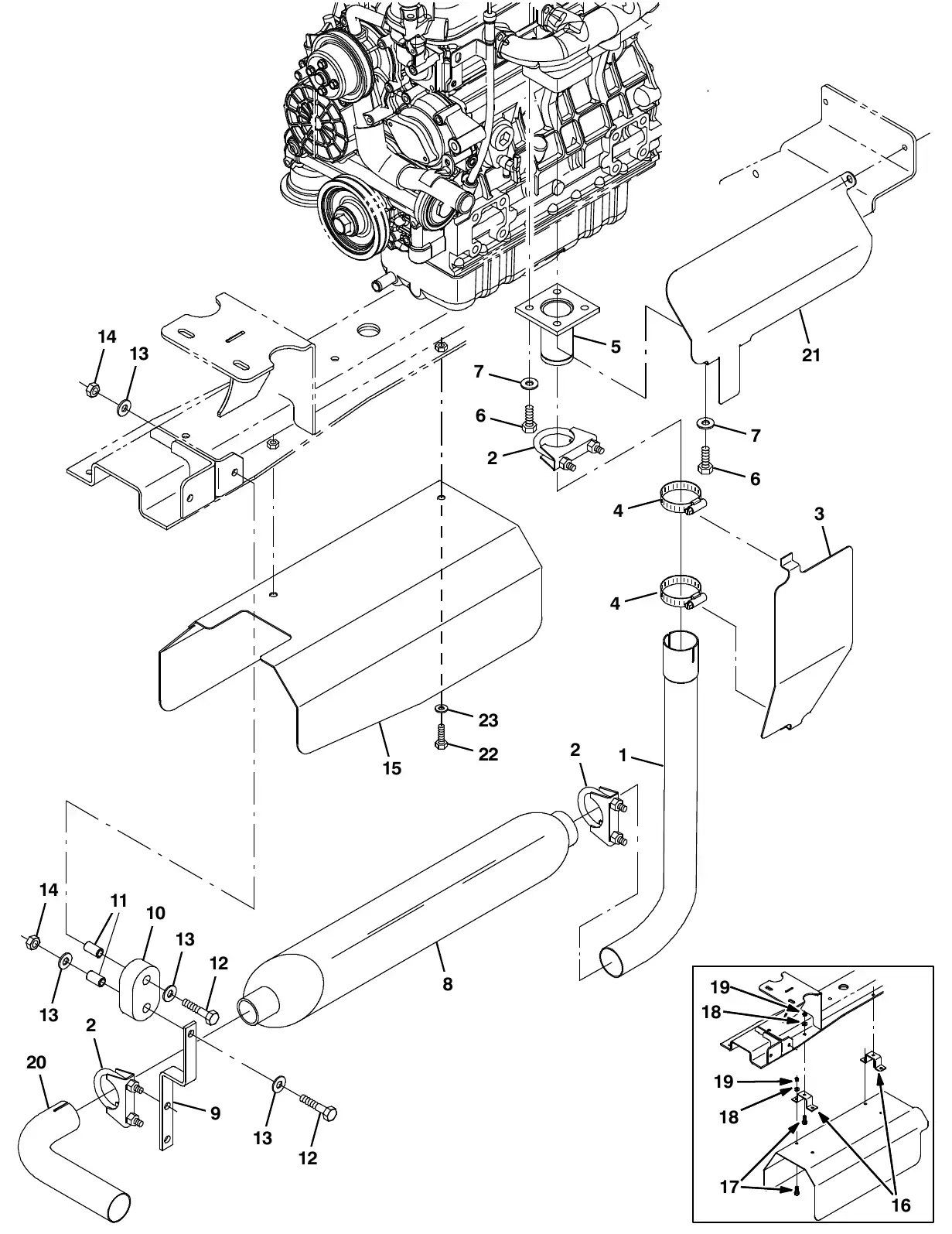 Tennant M20 engine muffler group, diesel exploded view