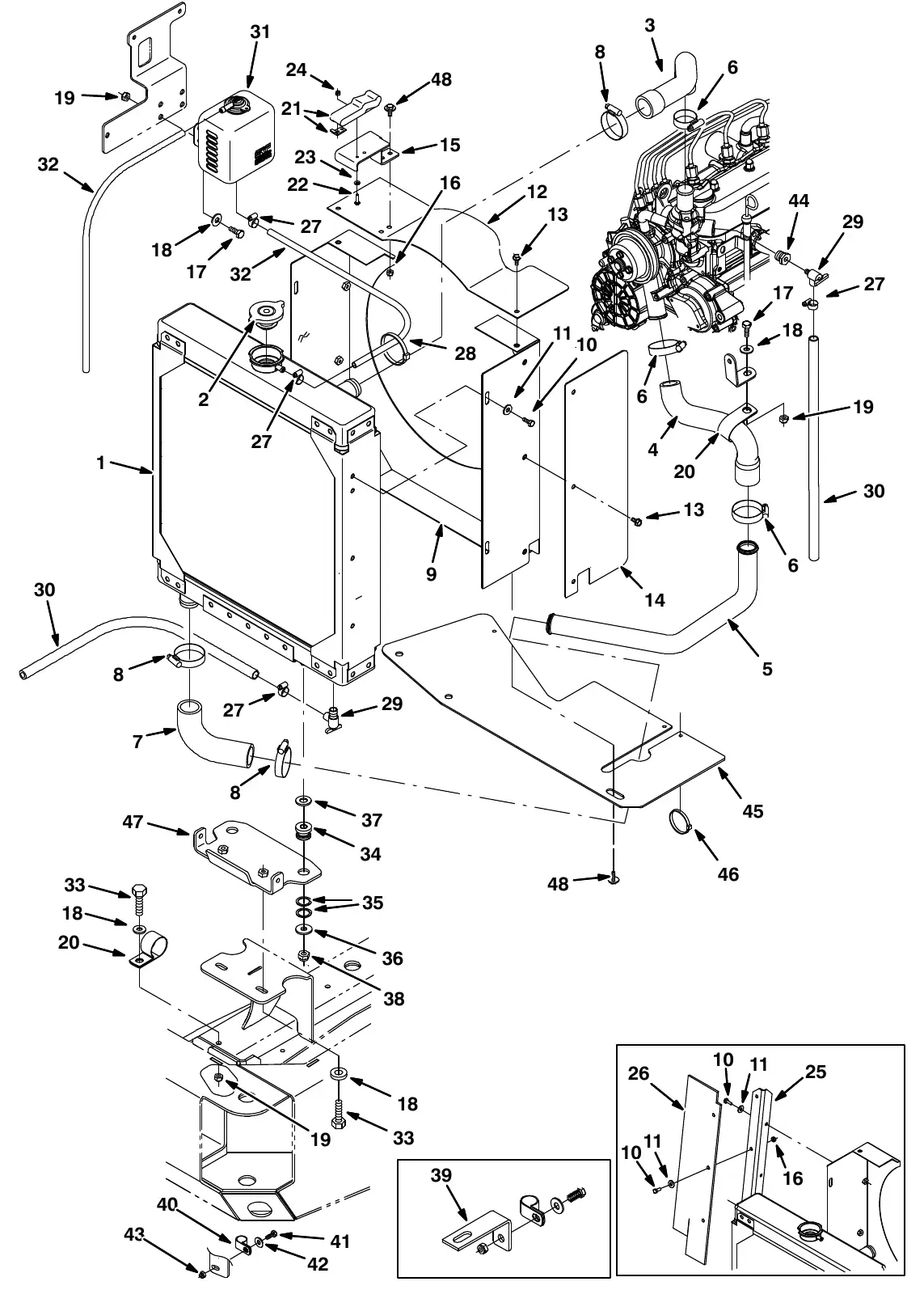 Tennant M20 engine radiator group, diesel (000000 - 003038) exploded view