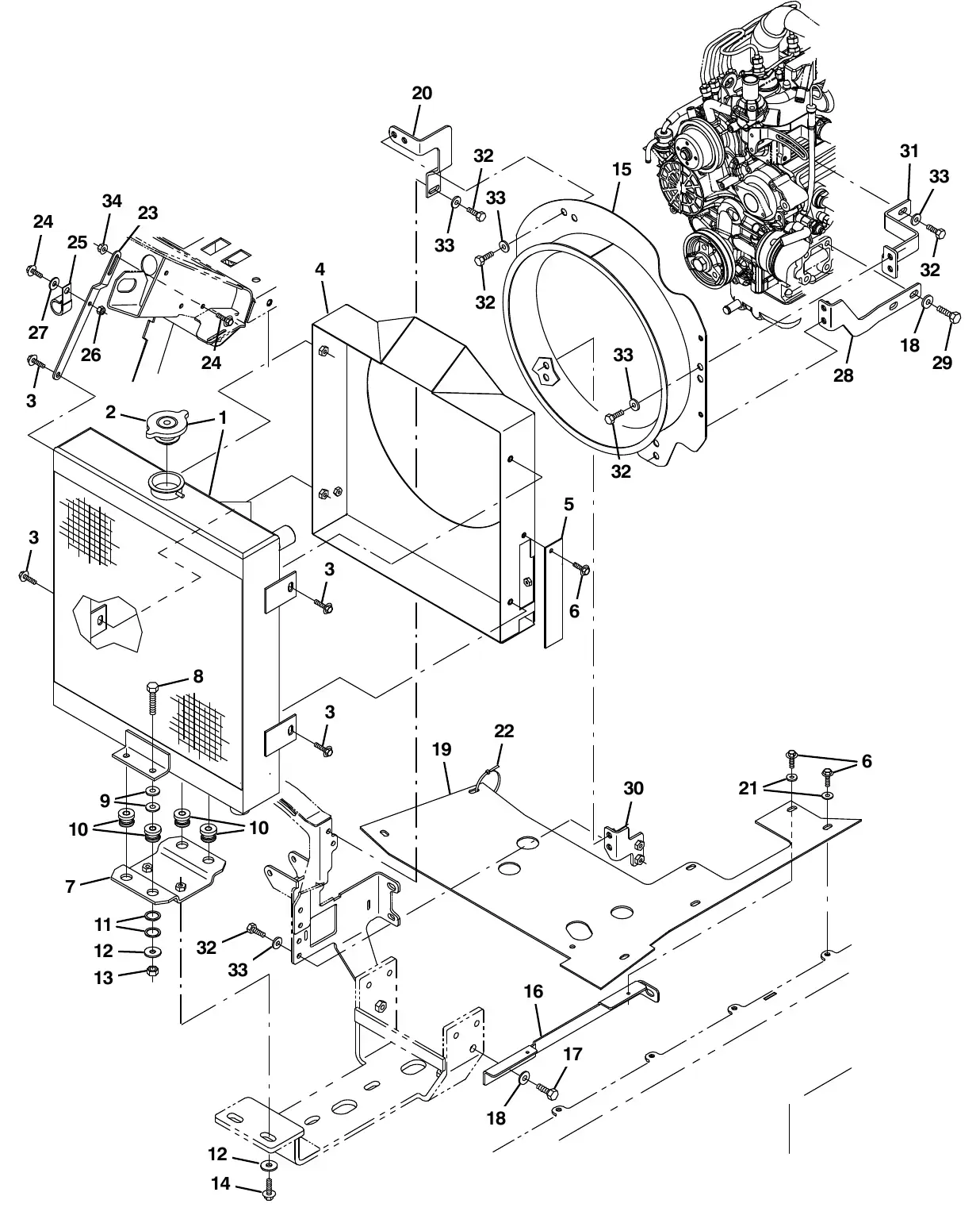 Tennant M20 engine radiator group, diesel (003039 - 006127) exploded view