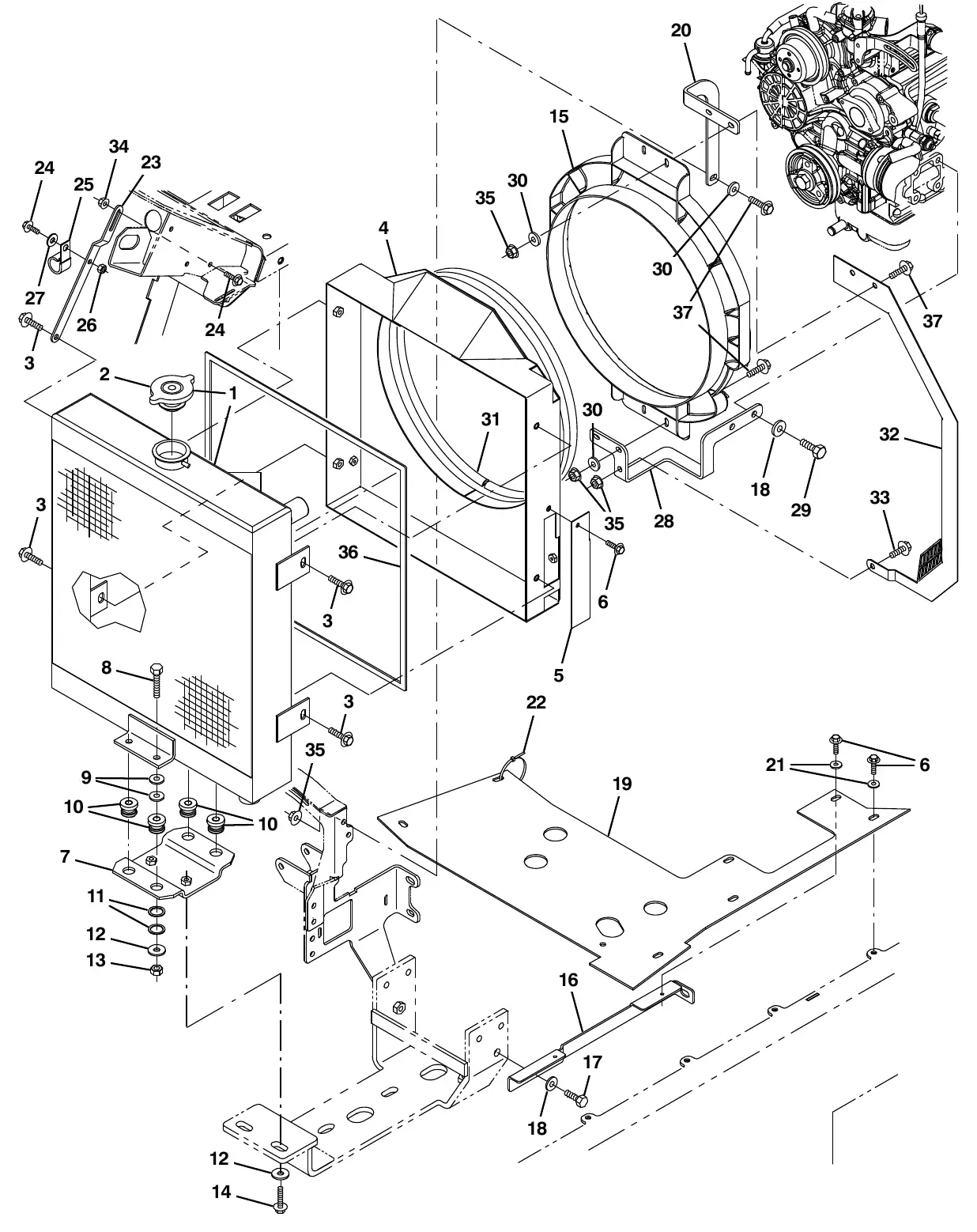 Tennant M20 engine radiator group, diesel (006128 - ) exploded view