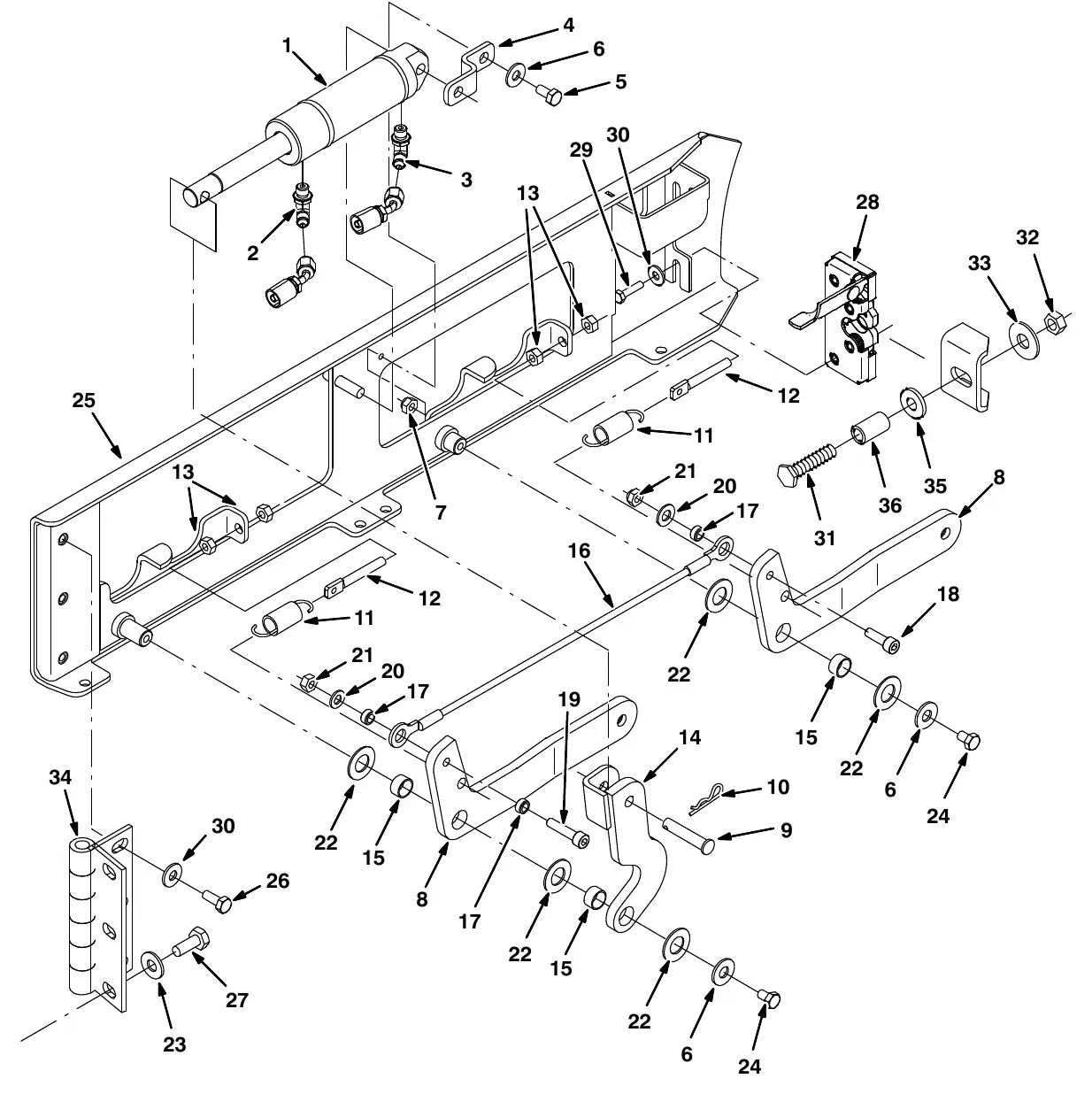 Tennant M20 squeegee lift group, right side exploded view