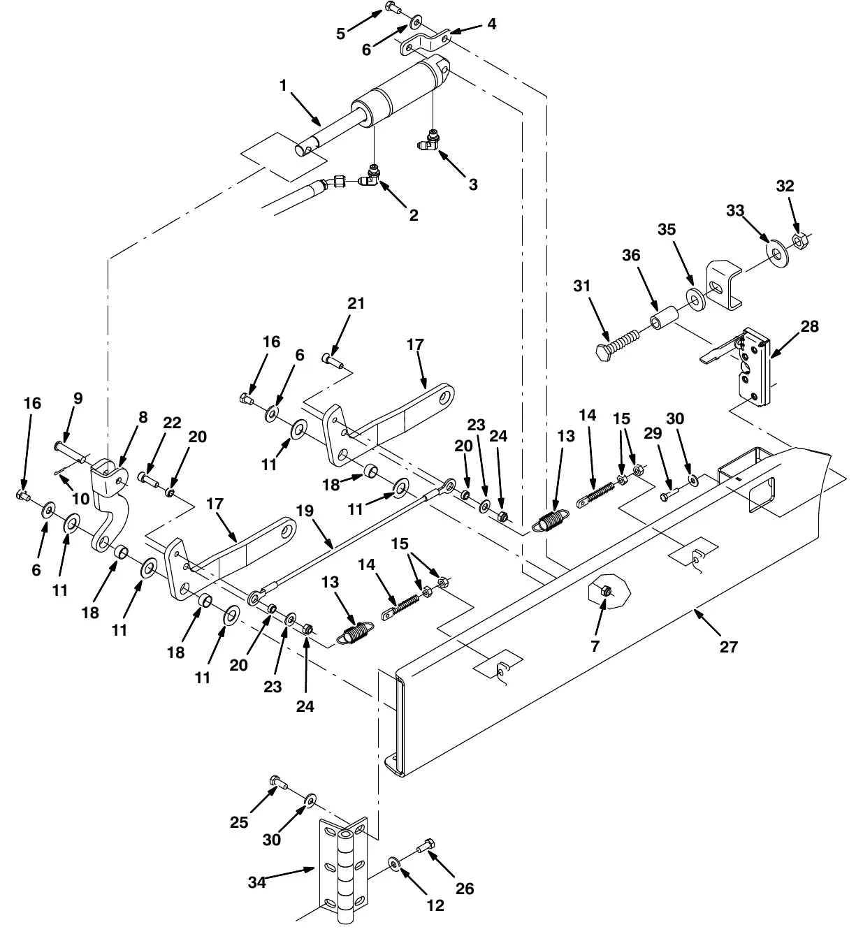 Tennant M20 squeegee lift group, left side exploded view