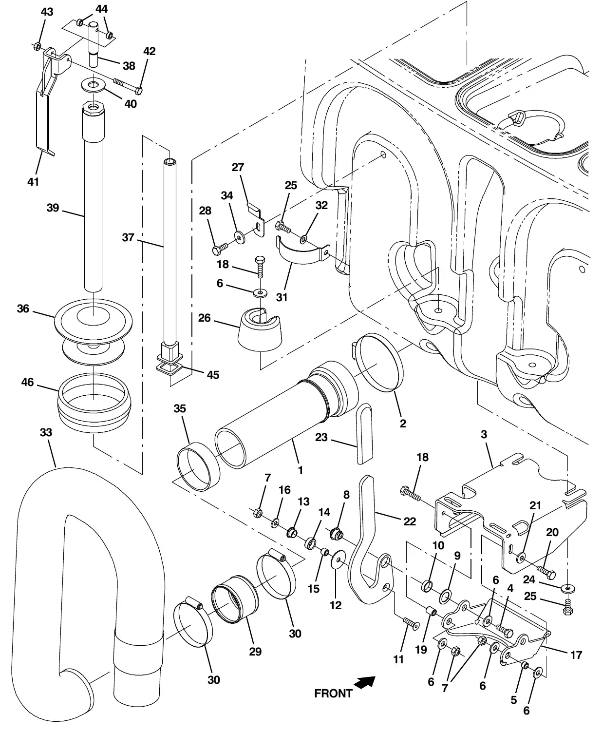 Tennant M20 recovery tank drain group exploded view