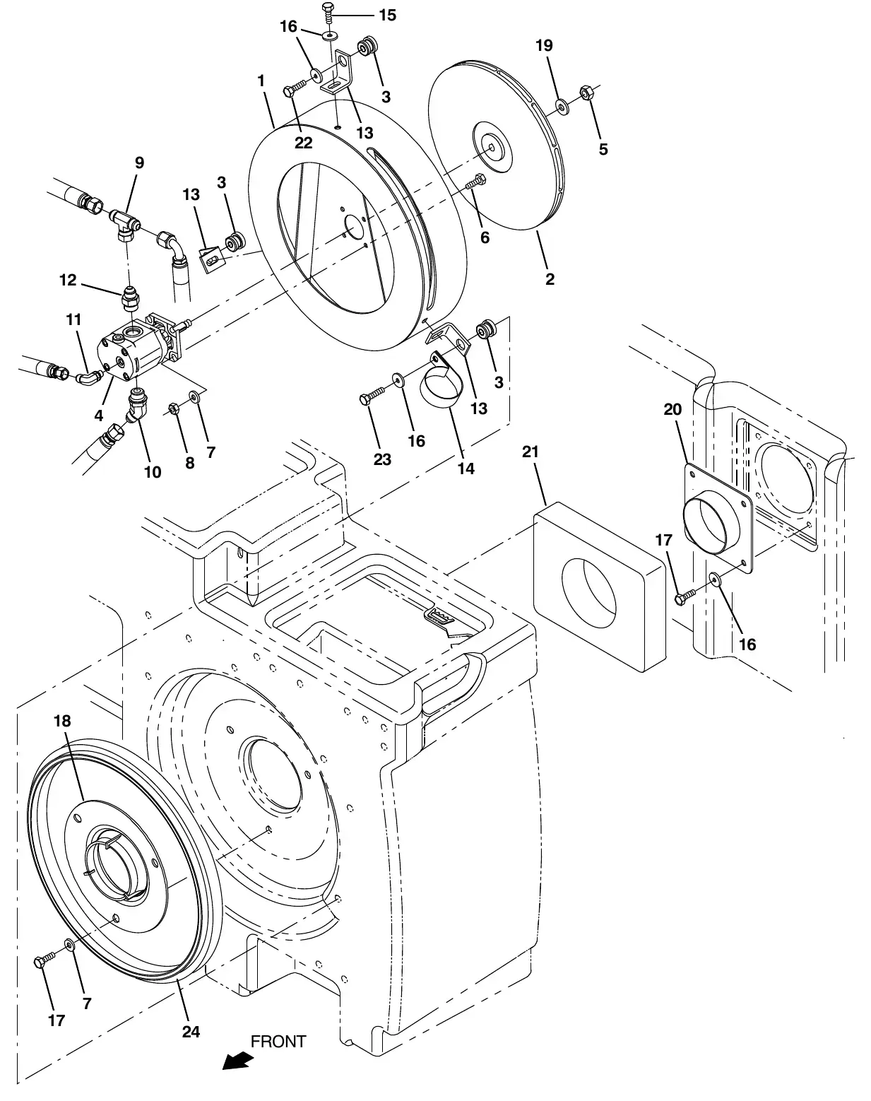 Tennant M20 vacuum fan group, scrubbing exploded view