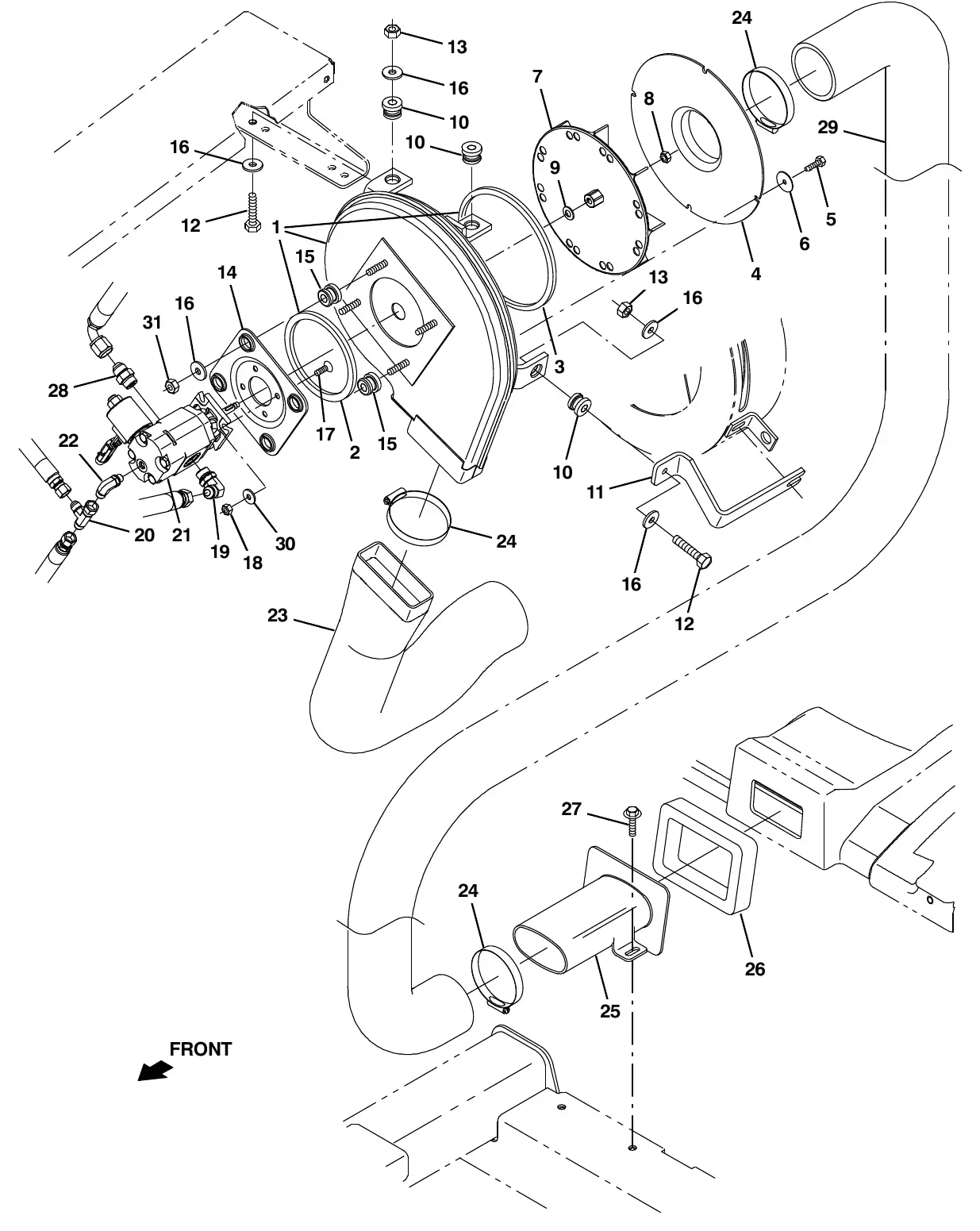Tennant M20 vacuum fan group, sweeping exploded view
