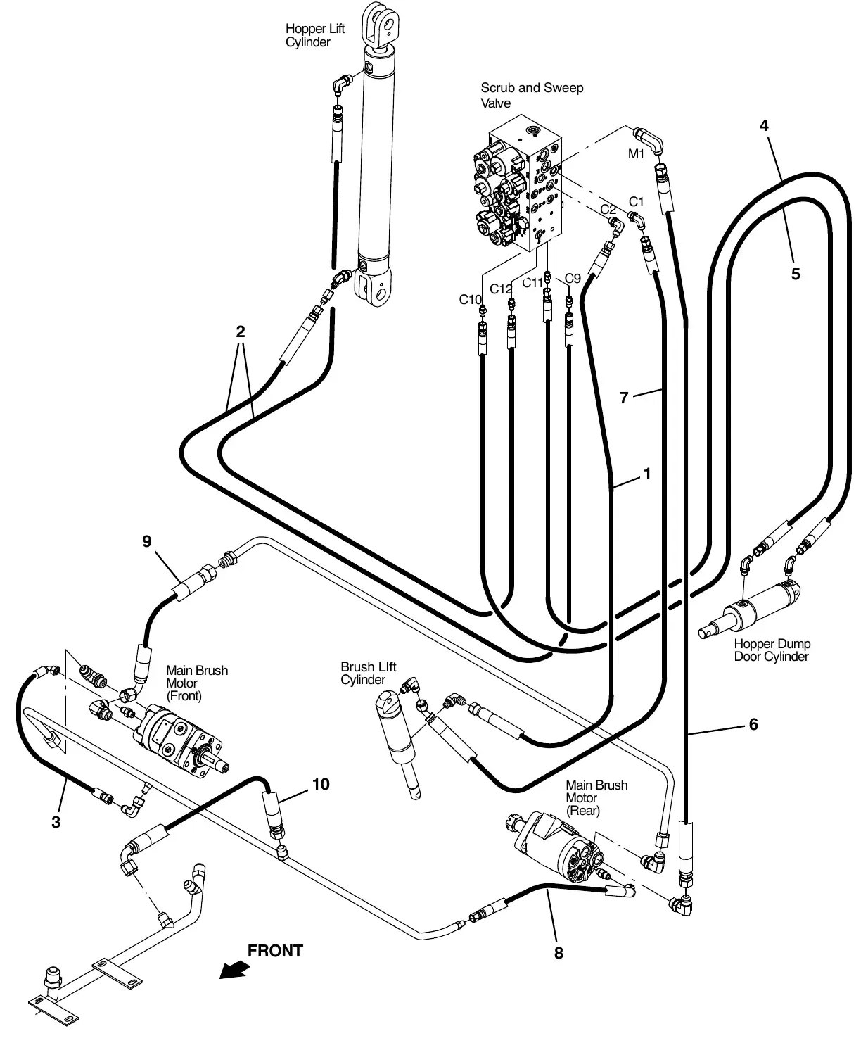 Tennant M20 hydraulic hose group, brush and hopper exploded view