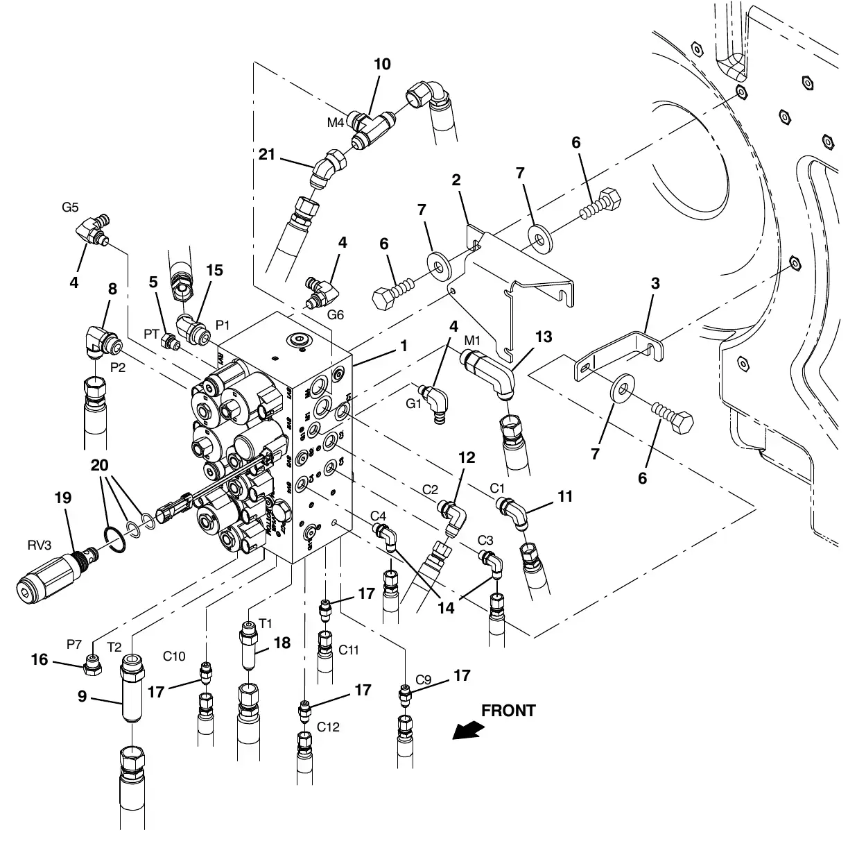 Tennant M20 hydraulic valve group exploded view