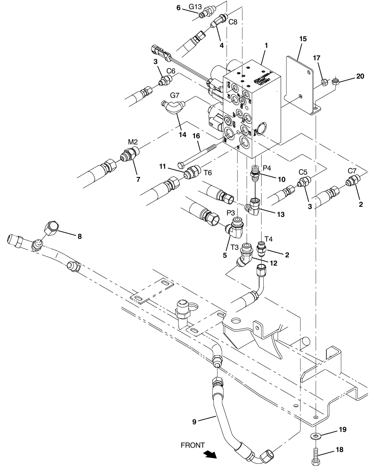 Tennant M20 side brush hydraulic valve group exploded view